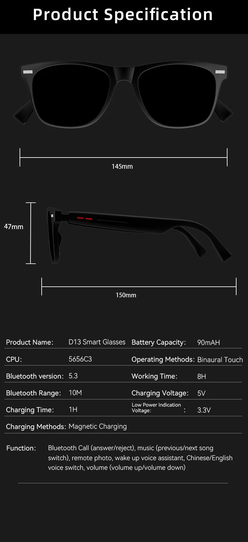 Smart Glasses Bluetooth Call Music Remote Camera Shoot Stereo Mic Men Touch Sunglasses AI Voice Assistant For Android IOS Phone