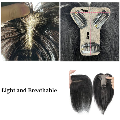 7x8cm Slik Base Human Hair Toppers For Women Clip In Topper With 3D Air Bangs Hairpieces for Hair Loss Volume Cover Grey Hair