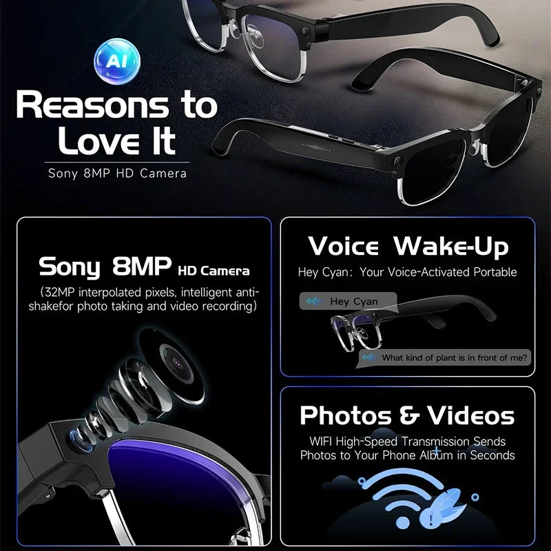 IP65 AI Smart Glasses 800MP HD Camera Take Video Photo Bluetooth Call Voice Assistant Music Player Smart Translation Sunglasses