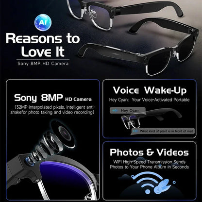 IP65 AI Smart Glasses 800MP HD Camera Take Video Photo Bluetooth Call Voice Assistant Music Player Smart Translation Sunglasses