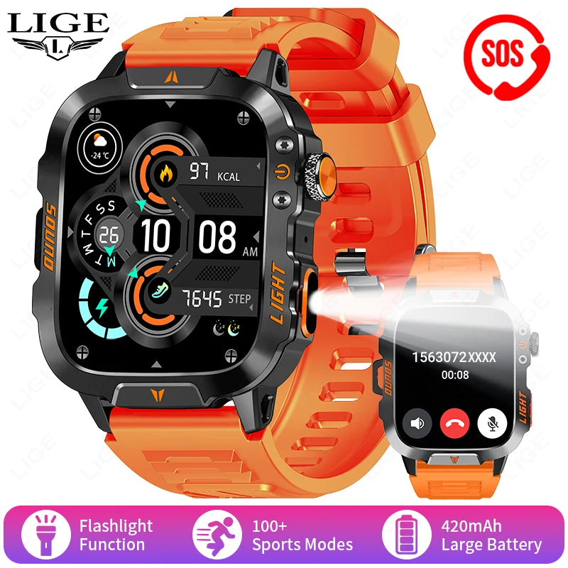 LIGE New Military Smart Watch Men Waterproof Outdoor Sports Tracker LED Flashlight Bluetooth Call Men Smartwatch For Android iOS