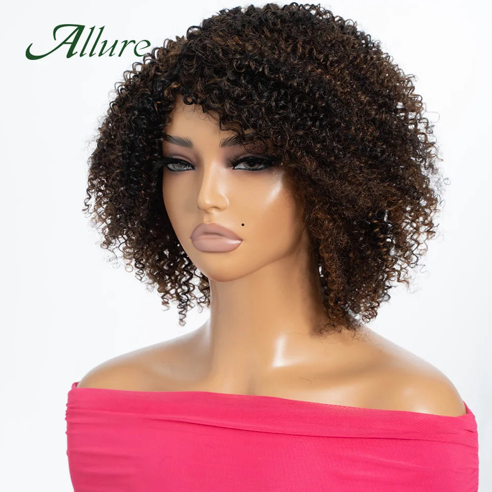 Brazilian Jerry Curly Human Hair Wigs For Women Dark Brown Colored Short Curly Hair Glueless Wig Afro Kinky Hair Wigs Allure