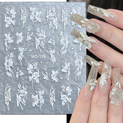 5d Embossed Nail Art Stickers Golden Lines Semi-Transparent Purple Blue Flowers Decals Decorations For Nail Tips Manicures