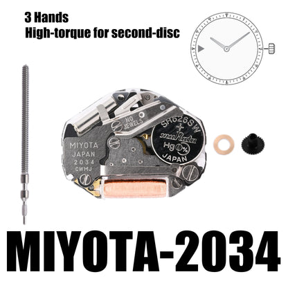 2034 Movement Miyota 2034 movement  3 Hands High-torque for second-disc Size 6 3/4×8’’’Height 3.15mmBattery Life 14 months