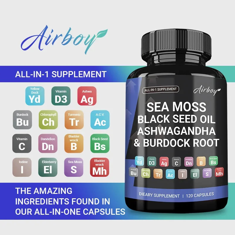 Sea Moss,Black Seed Oil,Ashwagandha & Burdock Root - Promotes Digestion, Bone and Joint Health