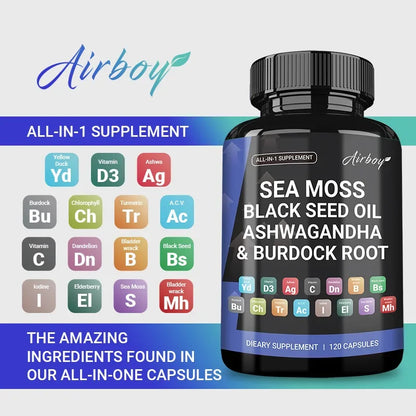 Sea Moss,Black Seed Oil,Ashwagandha & Burdock Root - Promotes Digestion, Bone and Joint Health