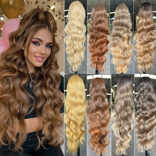 Magicae Ponytail 28Inches Blond 27/ 613 Synthetic Hair Extension 180grams Heat Resistant Ombre Brown Water Body Wave Clip in