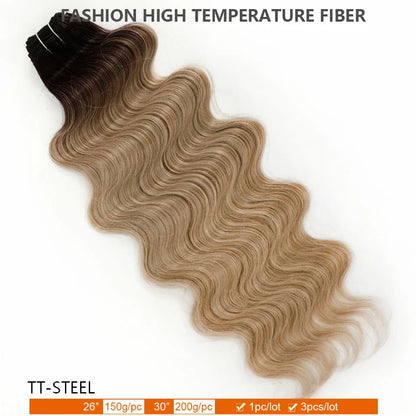 30Inches 200grams Blond Ombre 27/613 Brown Body Wave Synthetic Hair Weave Bundles Soft Bio Human-Like Heat Resistant Ponytail