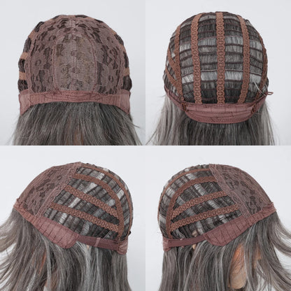 Medium Length Straight Wigs Gray Layered Synthetic Wigs With Bangs For Women Party Cosplay Natural Heat Resistant Fake Hair