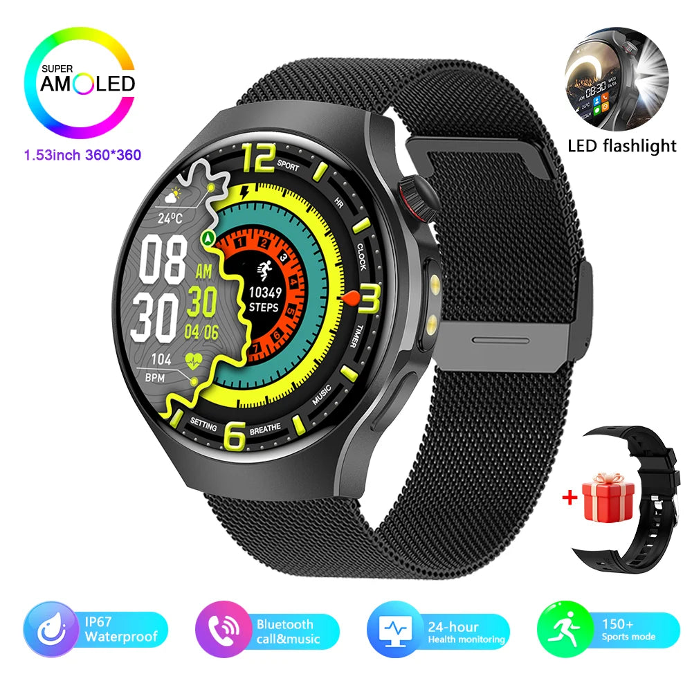 2025 New Outdoor Smartwatch Smart Watch Men Sports Fitness Model 1.53 HD AMOLED Screen LED Flashlight IP67 Waterproof Smartwatch