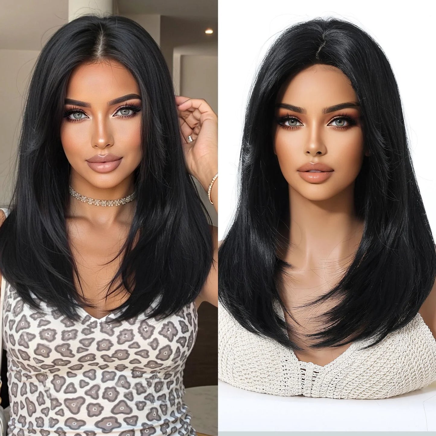 Medium Length Straight Wigs Gray Layered Synthetic Wigs With Bangs For Women Party Cosplay Natural Heat Resistant Fake Hair