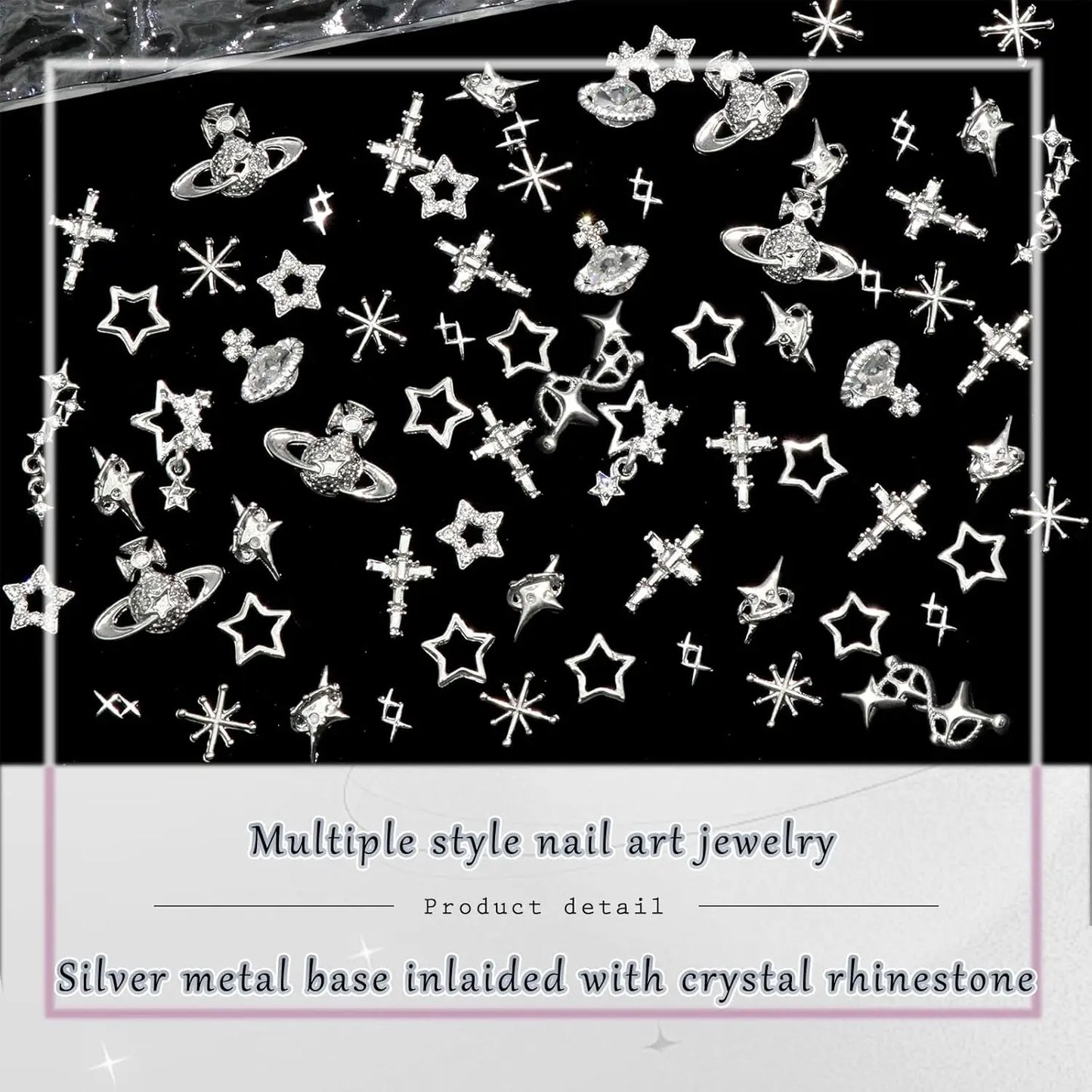 75PCS Cross Nail Charms Silver 3D Star Charms and Gems Saturn Planet Nail Art Jewelry Multi Style Nail Rhinestones for Nails