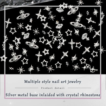 75PCS Cross Nail Charms Silver 3D Star Charms and Gems Saturn Planet Nail Art Jewelry Multi Style Nail Rhinestones for Nails