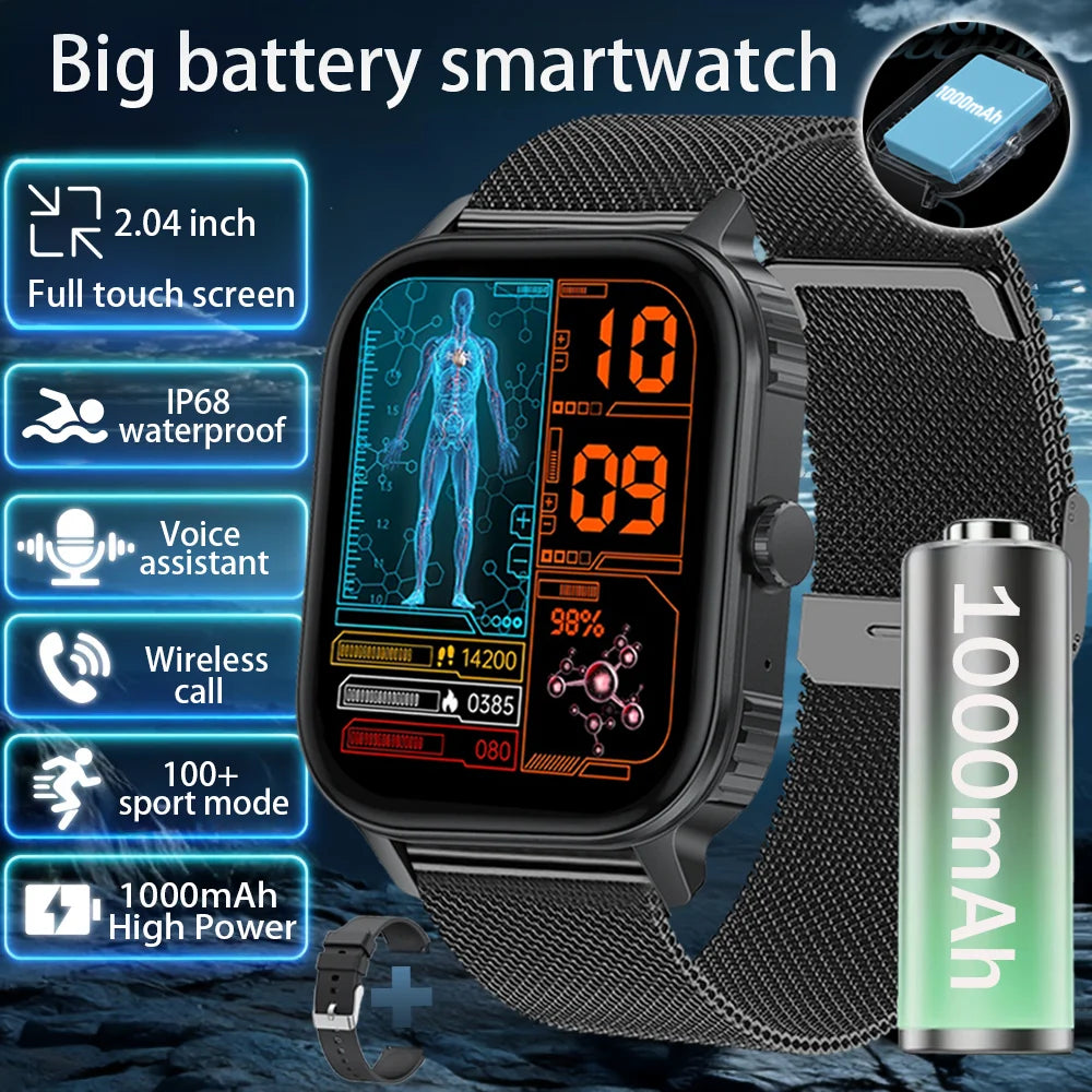 2025 new smart watch 1000MAH 2.04 inch ultra HD screen all day health heart rate detection 70+ sports IP68 waterproof BT call