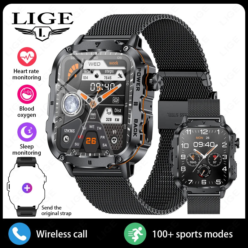LIGE 2025 Rugged Military Smart Watch Men Outdoor Watches lP68 Waterproof 1.95" Al Voice BT Call Man Smartwatch For Android IOS