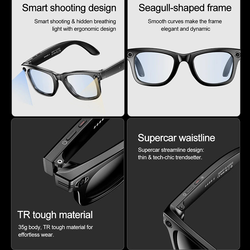 LIGE Smart Glasses with Camera Bluetooth Call Music Touch Sunglasses AI Voice Assistant Video Sound Record Anti-Blue UV Glasses