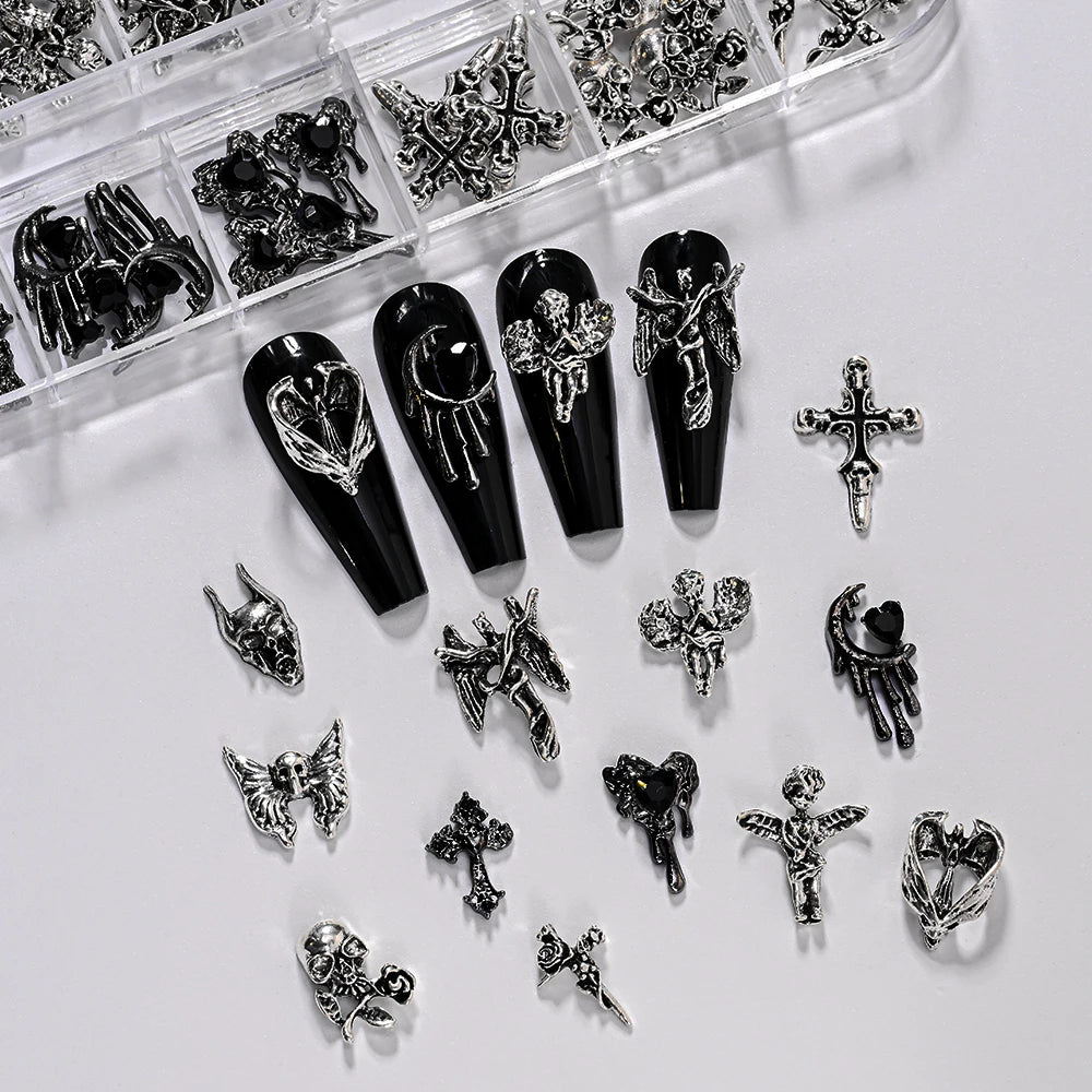 12Grid 3D Halloween Punk Retro Alloy Cross Nail Charms Y2k Gothic Metal Gun Black Silver Skull,Cross Nail Art DIY Cool Nail Part
