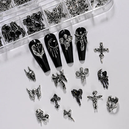 12Grid 3D Halloween Punk Retro Alloy Cross Nail Charms Y2k Gothic Metal Gun Black Silver Skull,Cross Nail Art DIY Cool Nail Part