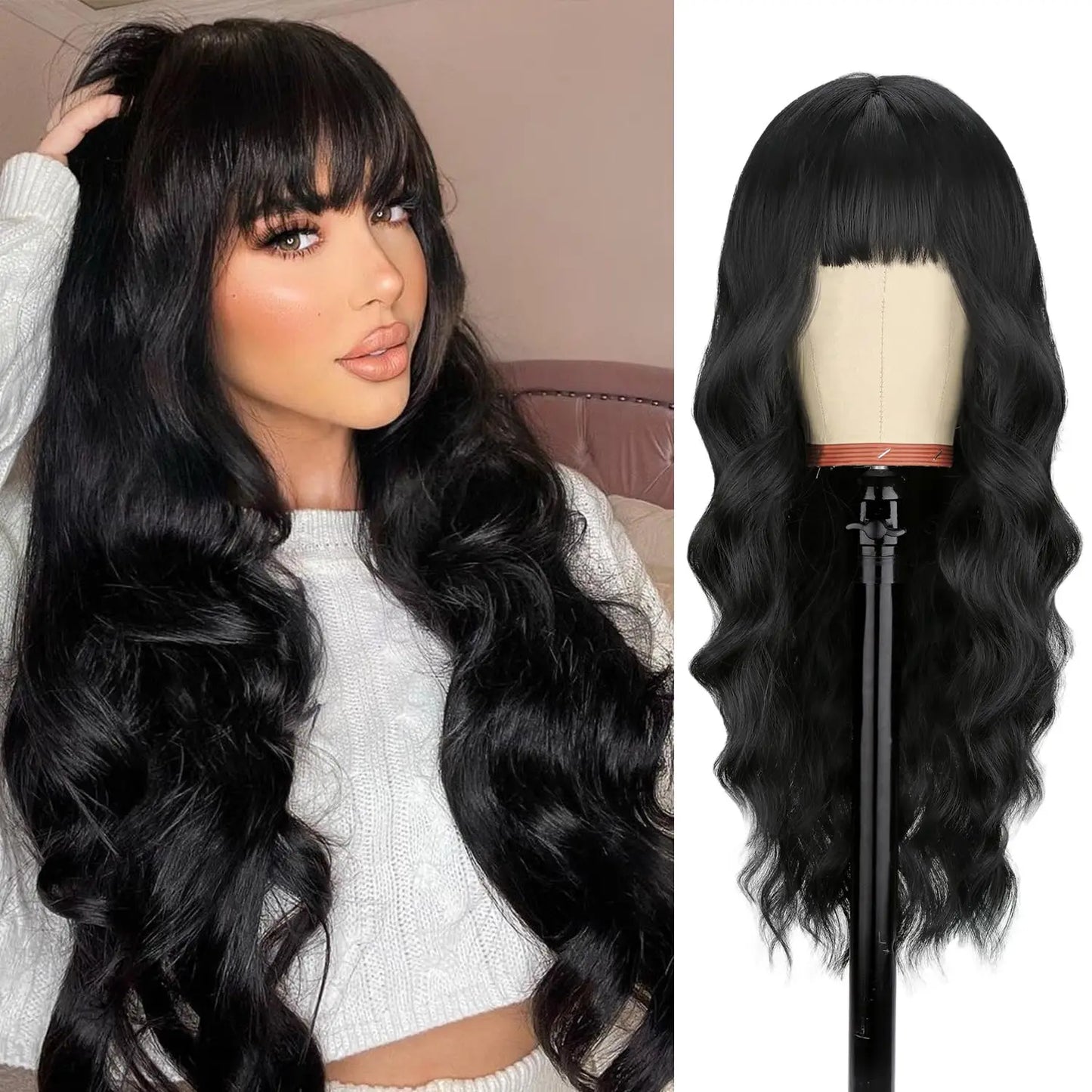 Black women's synthetic wig with big waves and straight bangs for cosplay. Worn daily with high-temperature synthetic hair.