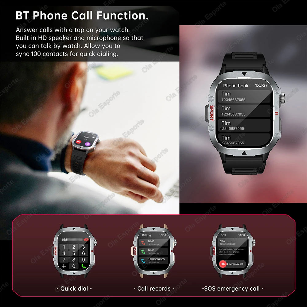New 2.19'' AMOLED Screen BT Call Smartwatch Heart Rate Monitor IP68 5ATM Outdoor Sports Fitness Tracker Military Smart Watch Men