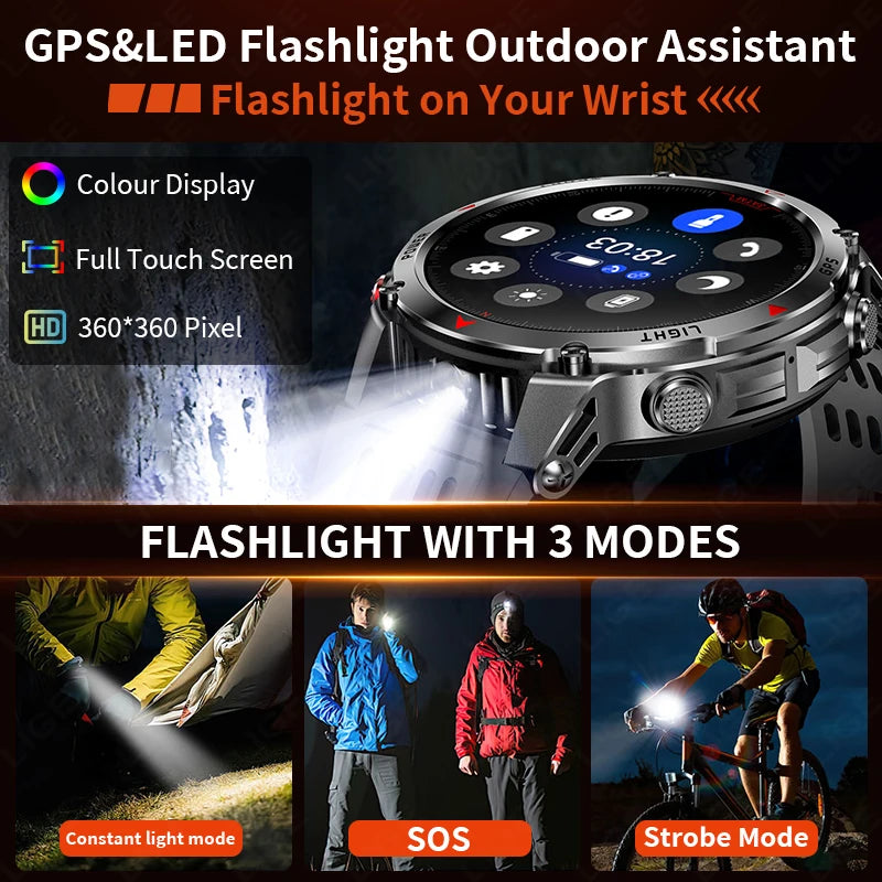 LIGE Outdoor Military Smart Watch Men 1.46" HD Screen Built-in GPS Compass Altimeter 3ATM Waterproof Clock BT Call SmartWatches