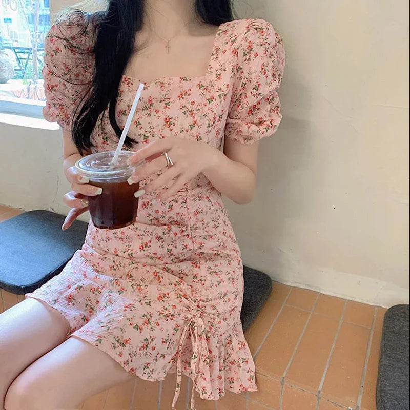 Sweet Women Floral Print Flower Dress Fashion Draw String Square Neck Puff Sleeve High Waist Mini Dress Summer Elegant Female