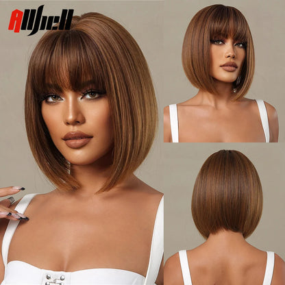 Medium Length Chestnut Brown Synthetic Wigs Middle Part Wine Red Highlights Straight Wig Heat Resistant for Women Party Cosplay