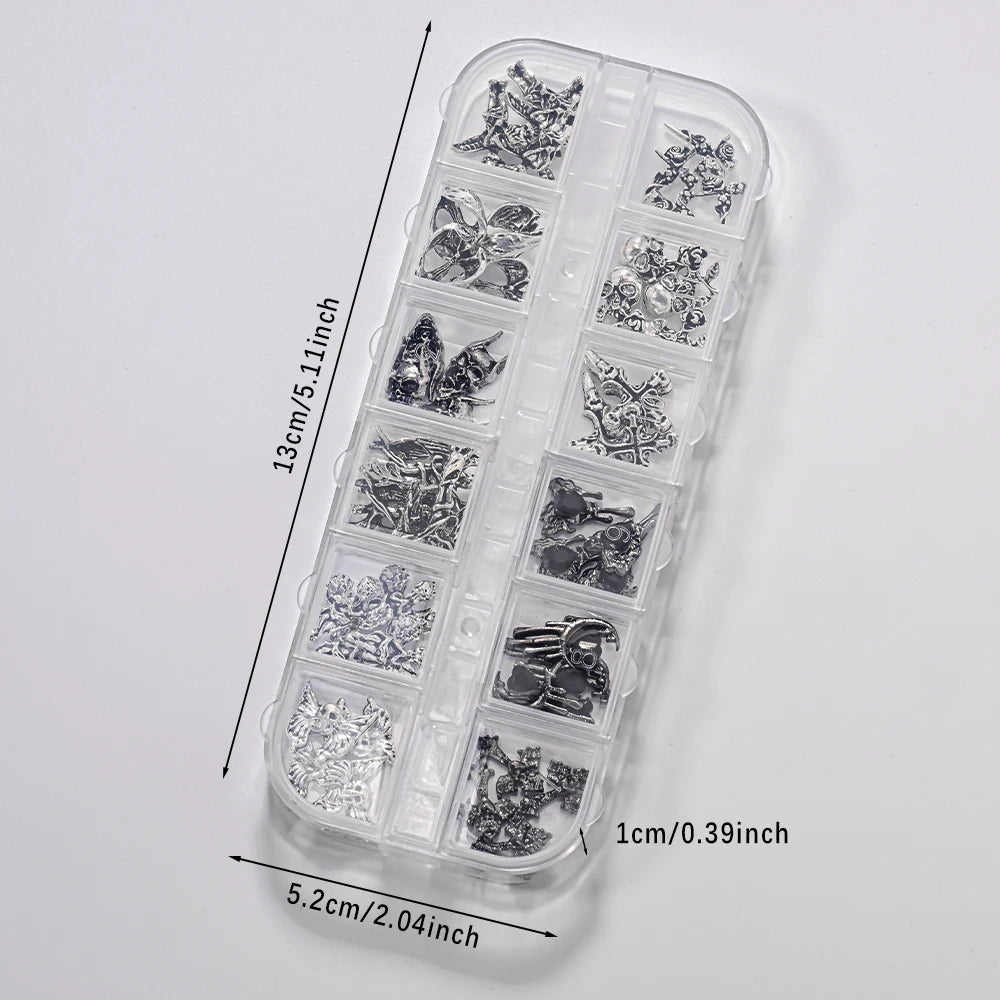 12Grid 3D Halloween Punk Retro Alloy Cross Nail Charms Y2k Gothic Metal Gun Black Silver Skull,Cross Nail Art DIY Cool Nail Part