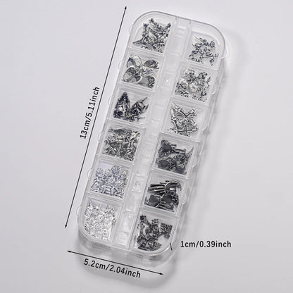 12Grid 3D Halloween Punk Retro Alloy Cross Nail Charms Y2k Gothic Metal Gun Black Silver Skull,Cross Nail Art DIY Cool Nail Part