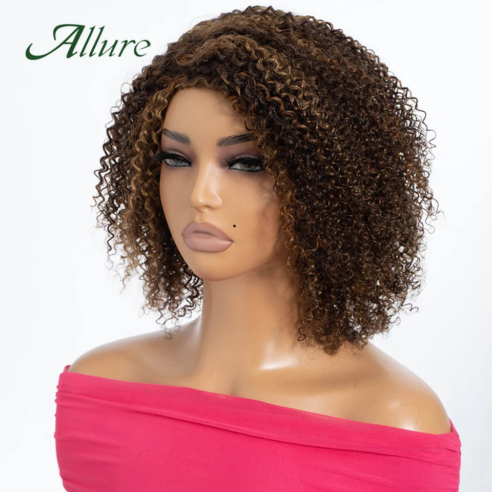 Brazilian Jerry Curly Human Hair Wigs For Women Dark Brown Colored Short Curly Hair Glueless Wig Afro Kinky Hair Wigs Allure