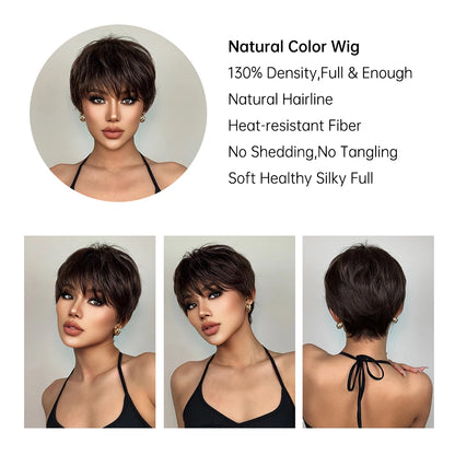 Short Pixie Cut Dark Brown Synthetic Wigs Natural Straight Layered Wig with Fluffy Bangs for Women Daily Heat Resistant Hair