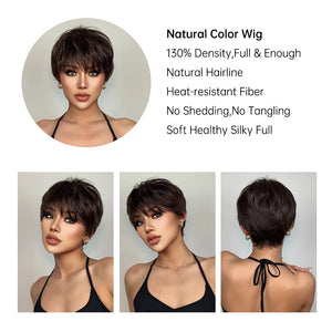 Short Pixie Cut Dark Brown Synthetic Wigs Natural Straight Layered Wig with Fluffy Bangs for Women Daily Heat Resistant Hair