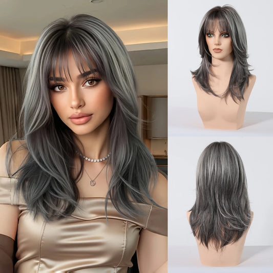 Medium Length Straight Wigs Gray Layered Synthetic Wigs With Bangs For Women Party Cosplay Natural Heat Resistant Fake Hair