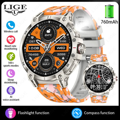 LIGE 760mAh Large Battery Outdoor Smart Watch Men 1.85 inch HD Screen GPS Compass Bluetooth Call IP68 Waterproof Smartwatch 2025