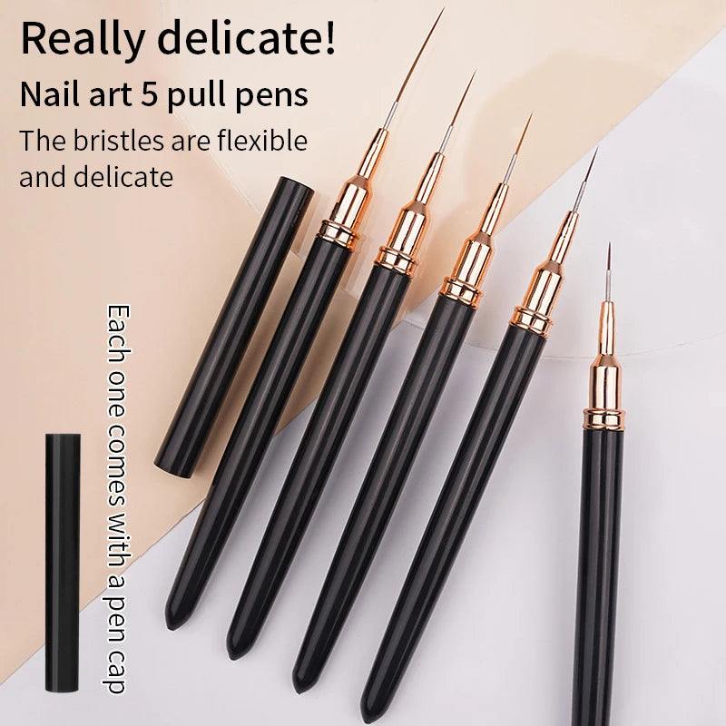 Black Nail Art Liner Brushes 5Sizes Painting Nail Design Pen /8/12/20/25mm Drawing Tool for Long Lines Thin Details Manicure Pen