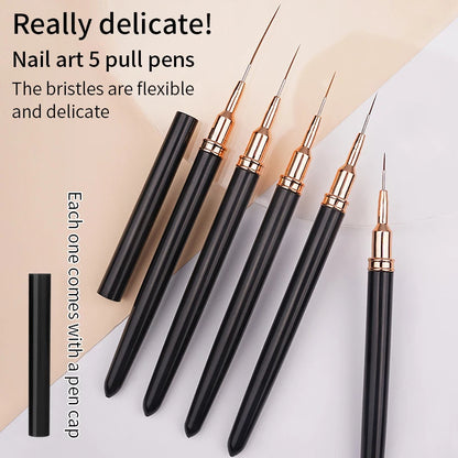 Black Nail Art Liner Brushes 5Sizes Painting Nail Design Pen /8/12/20/25mm Drawing Tool for Long Lines Thin Details Manicure Pen