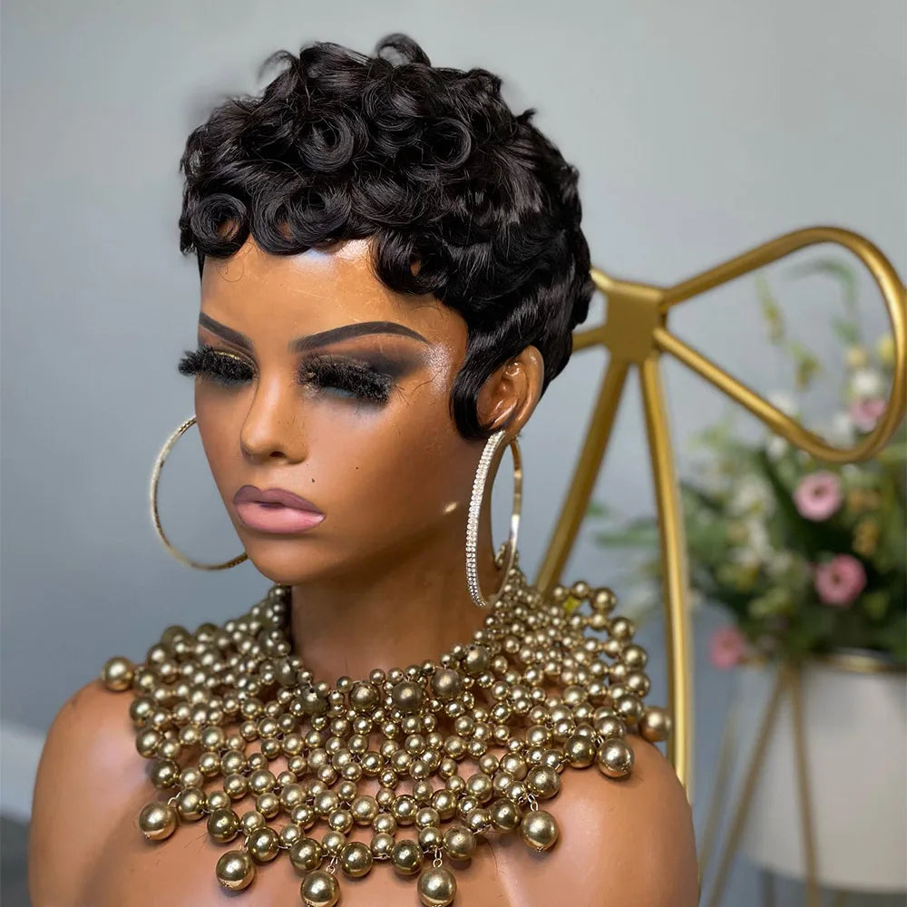 Curly Pixie Cut Short Wigs Human Hair Wig for Black Women Natural Black Bob Wig Remy Hair Full Machine Made Wig