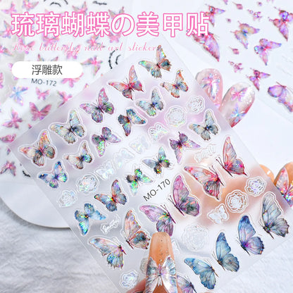 5d Embossed Nail Art Stickers Golden Lines Semi-Transparent Purple Blue Flowers Decals Decorations For Nail Tips Manicures