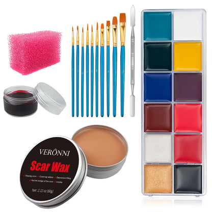 12/20 Colors Face Body Painting Fake Blood ,Halloween Professional Special Effects Makeup Kit with Wound Modeling Scar Wax