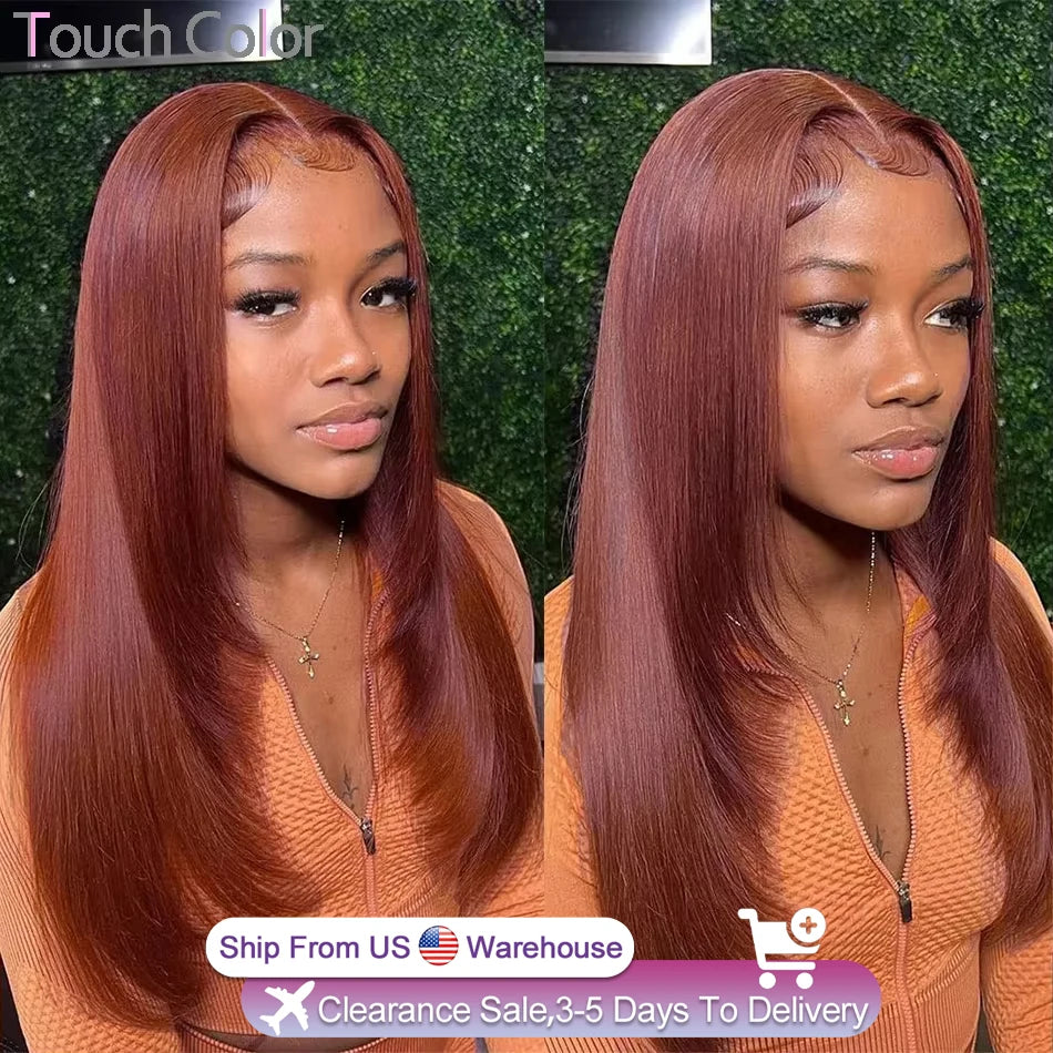 Reddish Brown Bone Straight 13x4 HD Transparent Lace Front Body Wave 100% Human Hair Wigs 180% Density Pre Plucked Copper Red