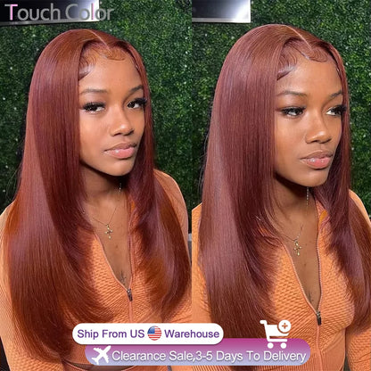 Reddish Brown Bone Straight 13x4 HD Transparent Lace Front Body Wave 100% Human Hair Wigs 180% Density Pre Plucked Copper Red