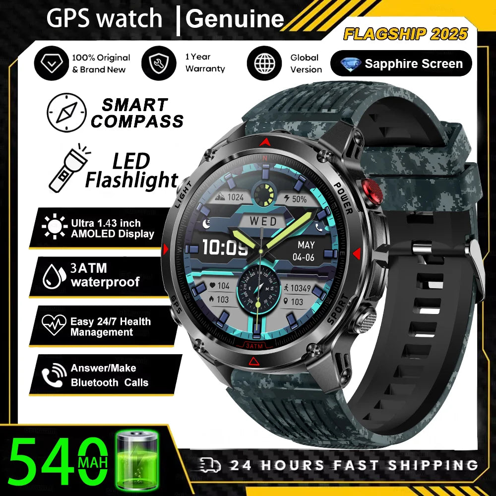 Military T-Rex 3 GPS Waterproof Smart Watch 1.46"HD AMOLED Built-in 6 Frequency Satellite Outdoors Sports Fitness Smart Bracelet