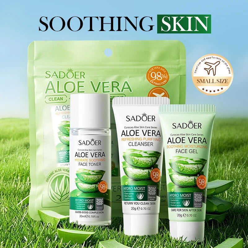 Aloe Vera Travel Kit-Soothing Cleanser, Hydrating Toner & Calming Gel - Portable Skincare Set