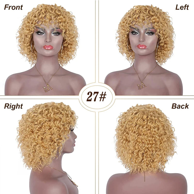 8 Inch Short Pixie Curly Bob Wig with Bangs Brazilian Human Hair Bouncy Curl Wig for Women Ready to Go Wig