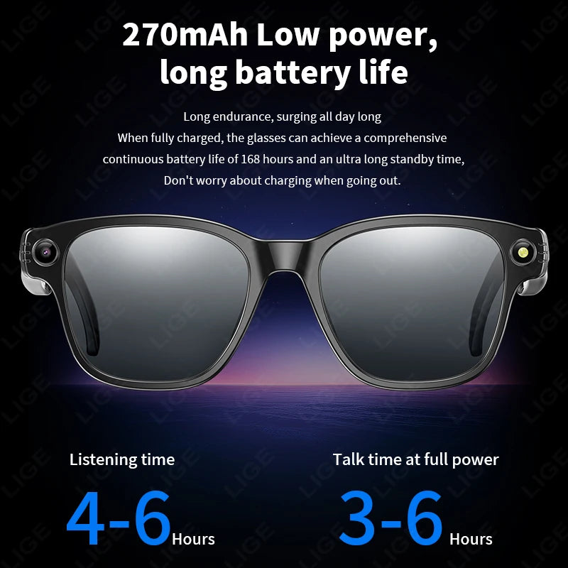 LIGE Smart AI Glasses 800W Pixel Shooting Camera HD Photo Video Voice Call Translation Waterproof Bluetooth Chat Sunglasses New