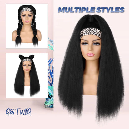 18-26Inch Yaki Straight Headband Wigs for Black Women Synthetic Long Kinky With Hair Band Full Machine Made None Lace Front Wig