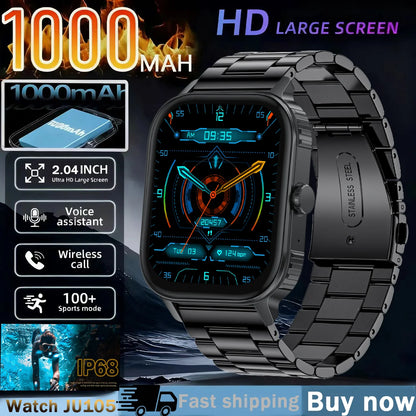 2025 new smart watch 1000MAH 2.04 inch ultra HD screen all day health heart rate detection 70+ sports IP68 waterproof BT call