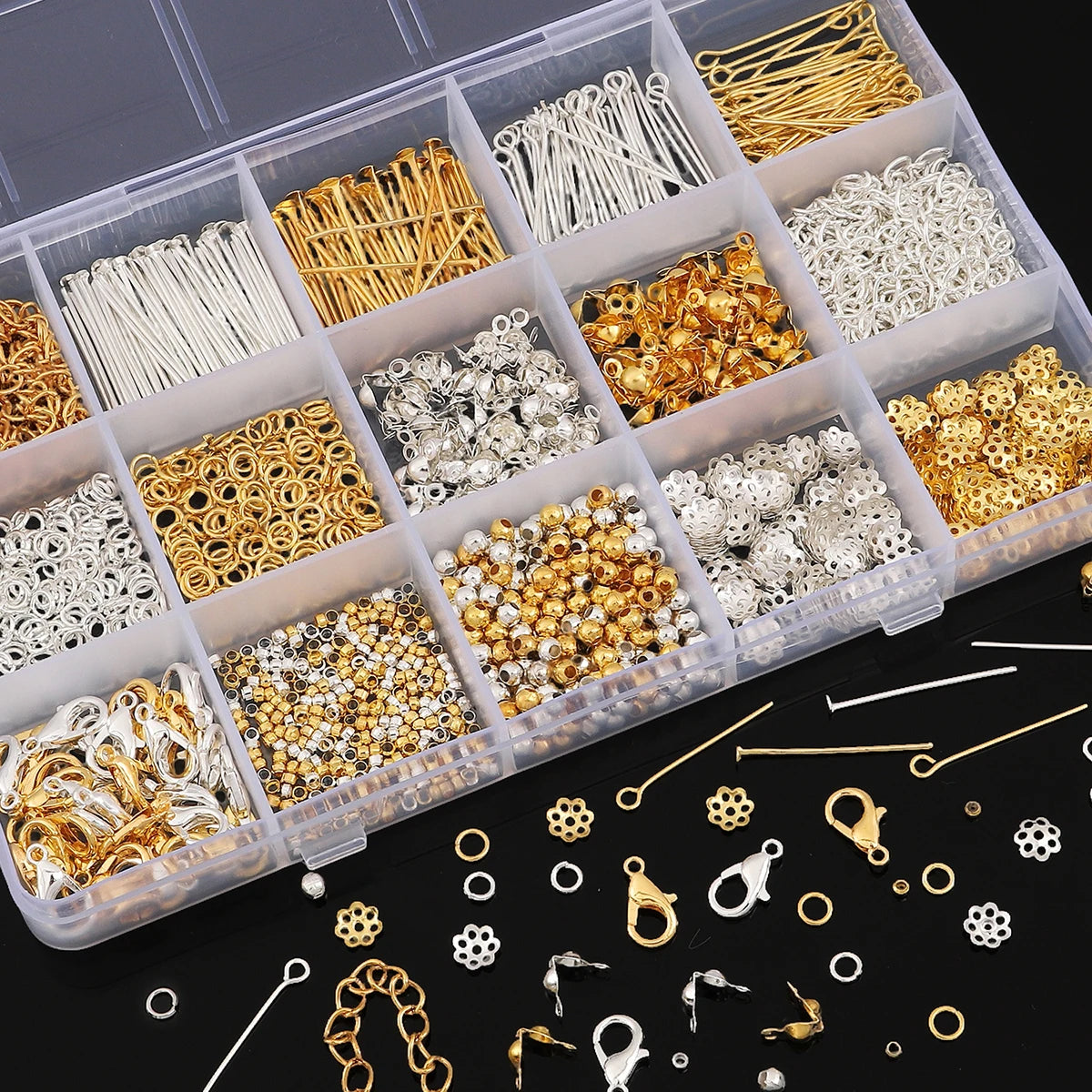 15 Grid Box DIY Metal Accessories Jewelry Making Material Set For Jewelry Making Bracelet Earrings Accessories About 1260pcs