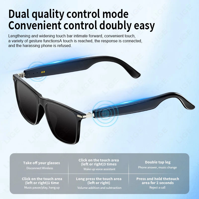 LIGE 2025 New AI Smart Glasses Bluetooth Call Headphones UV Protective Lenses Connected Voice Assistant Music Playing Sunglasses