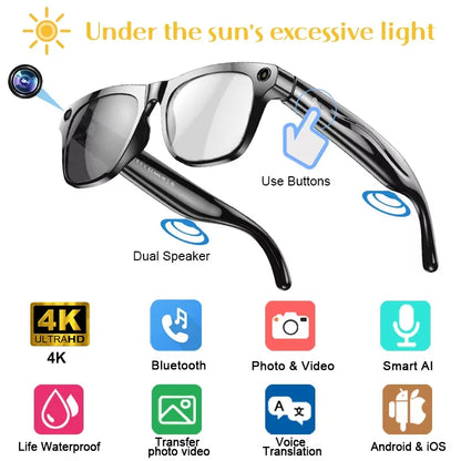 4K Smart Glasses Color-changing Lens Bluetooth AI GPT Camera Call Voice Assistant Translate Identify Objects Smart Glasses 2025